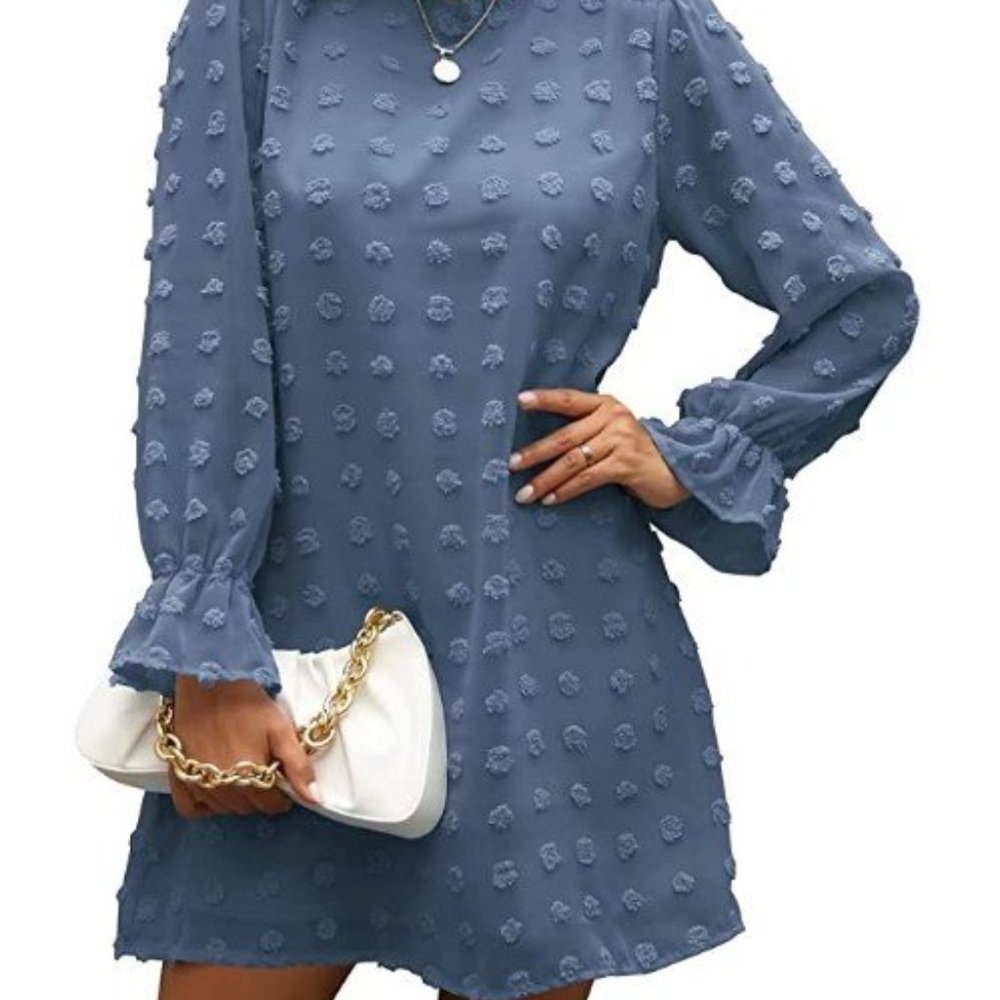 New Absolutely Stunning Casual Long Puff Sleeve ruffle Neck Dress - Picture 2 of 4